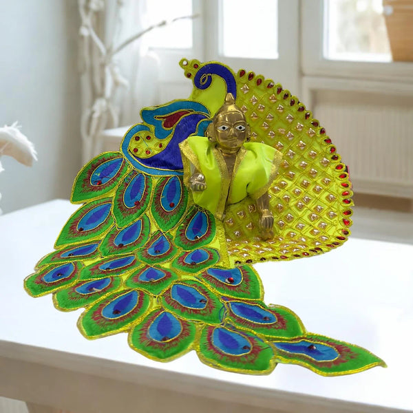 Laddu Gopal Peacock Feather Designer Dress – Green Edition (Handcrafted Poshak) Size-6