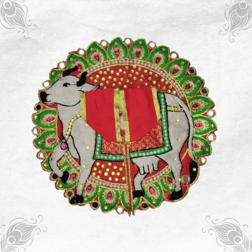 Elegant Red and Green Poshak with Gau Mata Theme for Laddu Gopal Ji Size-5