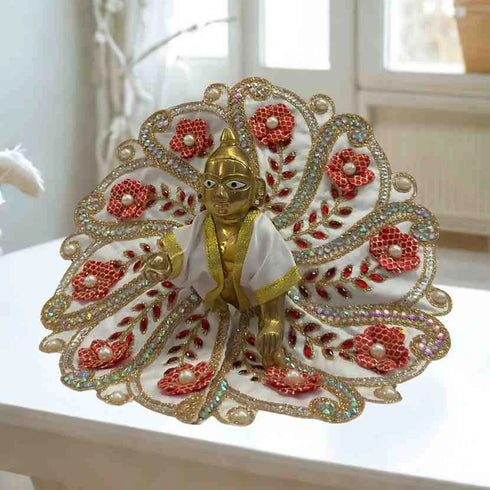 Royal White & Red Floral Laddu Gopal Dress Set Size-5