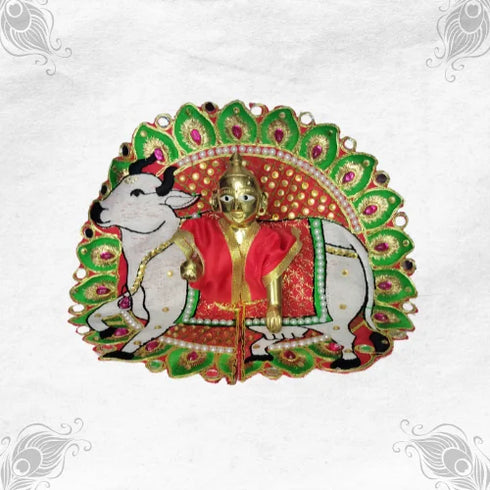 Elegant Red and Green Poshak with Gau Mata Theme for Laddu Gopal Ji Size-5