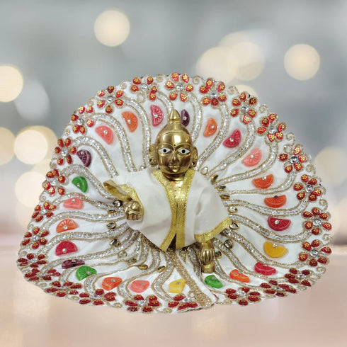 Laddu Gopal Ji White Designer Dress with Multicolor Stone and Golden Border Size-6