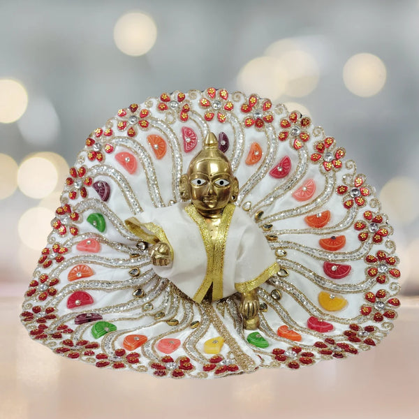 Laddu Gopal Ji White Designer Dress with Multicolor Stone and Golden Border Size-6
