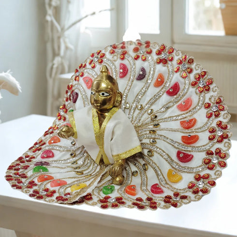 Laddu Gopal Ji White Designer Dress with Multicolor Stone and Golden Border Size-6