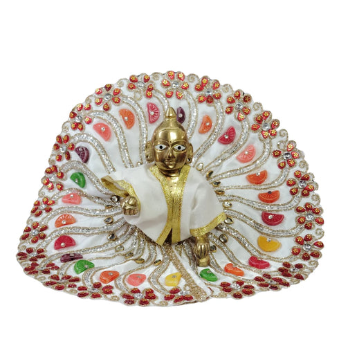 Laddu Gopal Ji White Designer Dress with Multicolor Stone and Golden Border Size-6