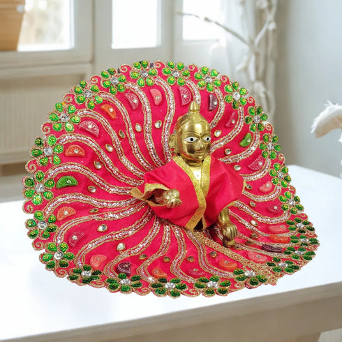 Laddu Gopal Fancy Designer Poshak – Red Peacock Style Dress with Stone Work Size-6