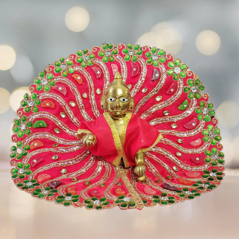 Laddu Gopal Fancy Designer Poshak – Red Peacock Style Dress with Stone Work Size-6