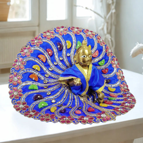 Laddu Gopal Fancy Designer Poshak – Royal Blue Peacock Style Dress with Stone and Lace Work Size-6