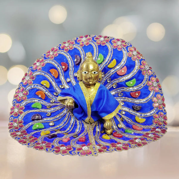 Laddu Gopal Fancy Designer Poshak – Royal Blue Peacock Style Dress with Stone and Lace Work Size-6