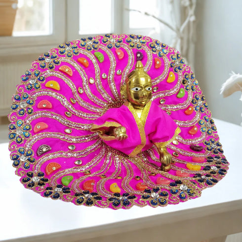 Laddu Gopal Fancy Designer Poshak – Pink Peacock Style Dress with Colorful Stone and Golden Lace Work Size-6