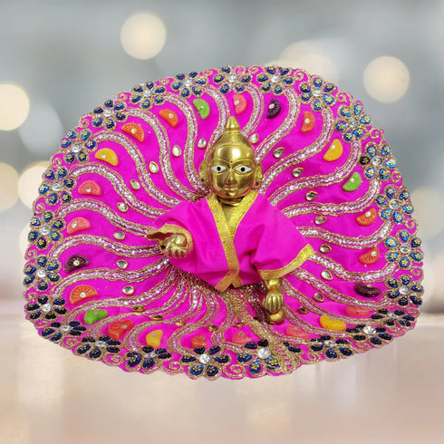 Laddu Gopal Fancy Designer Poshak – Pink Peacock Style Dress with Colorful Stone and Golden Lace Work Size-6