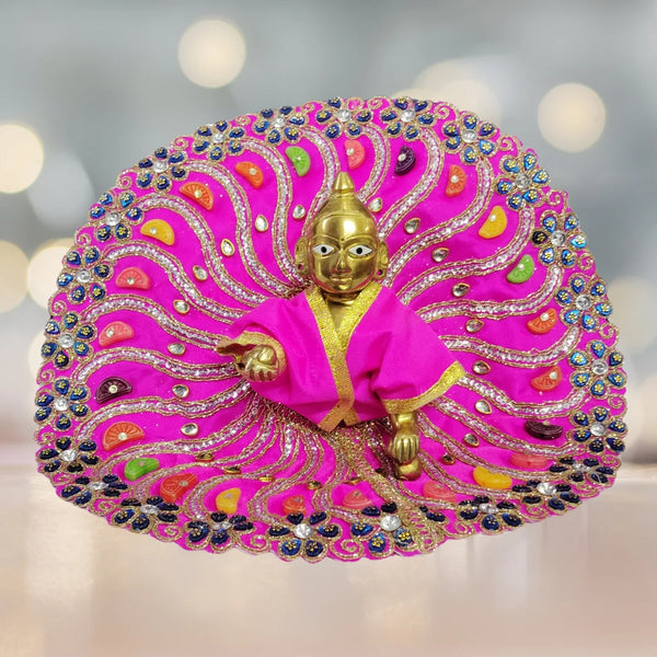 Laddu Gopal Fancy Designer Poshak – Pink Peacock Style Dress with Colorful Stone and Golden Lace Work Size-6