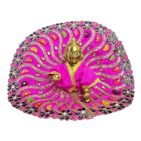 Laddu Gopal Fancy Designer Poshak – Pink Peacock Style Dress with Colorful Stone and Golden Lace Work Size-6