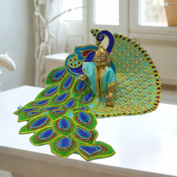 Laddu Gopal Peacock Feather Dress – Sky Blue Edition (Handcrafted Poshak) Size-6