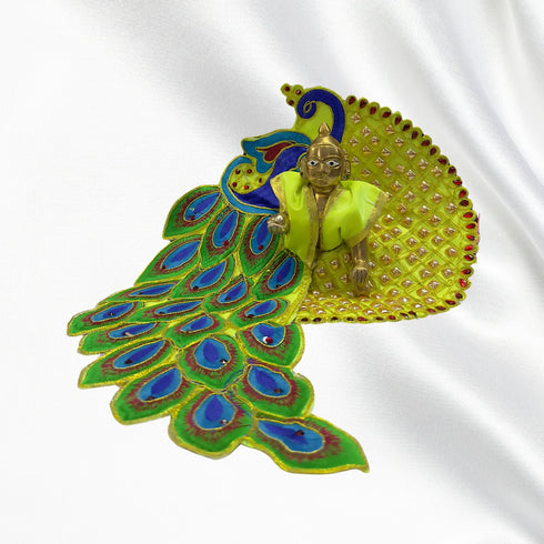 Laddu Gopal Peacock Feather Designer Dress – Green Edition (Handcrafted Poshak) Size-6