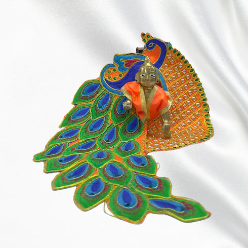 Laddu Gopal dress with peacock feather motifs – Orange Edition (Handcrafted Poshak) Size-6