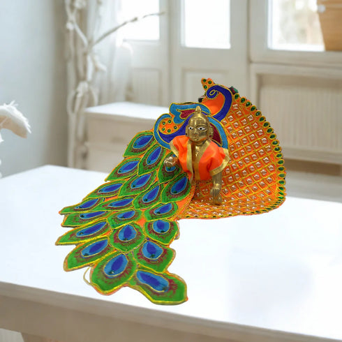 Laddu Gopal dress with peacock feather motifs – Orange Edition (Handcrafted Poshak) Size-6