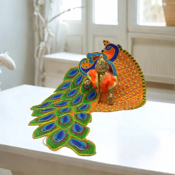 Laddu Gopal dress with peacock feather motifs – Orange Edition (Handcrafted Poshak) Size-6