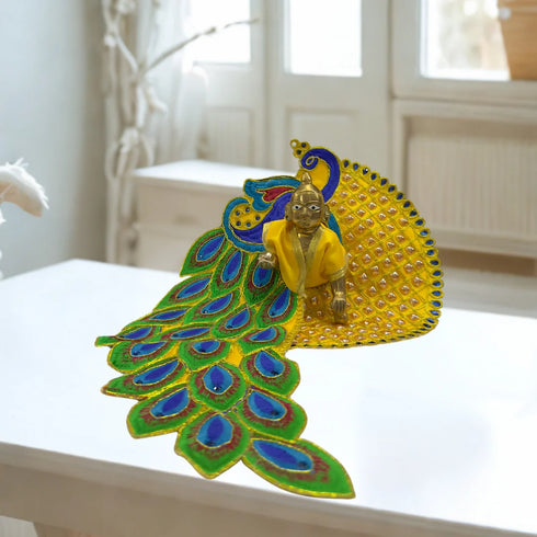 Laddu Gopal Peacock Feather Designer Dress – Yellow Edition Size-6
