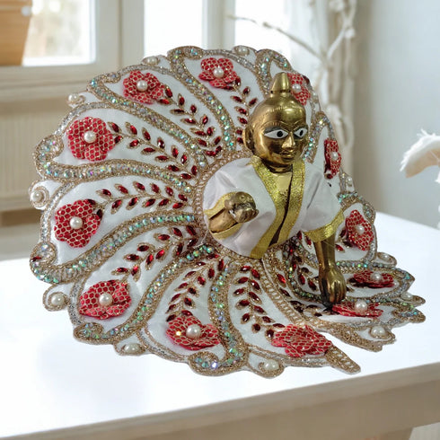 Laddu Gopal Fancy Designer Poshak – White and Red Floral Peacock Style Dress with Pearl and Stone Work Size-6