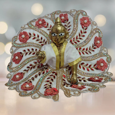 Laddu Gopal Fancy Designer Poshak – White and Red Floral Peacock Style Dress with Pearl and Stone Work Size-6