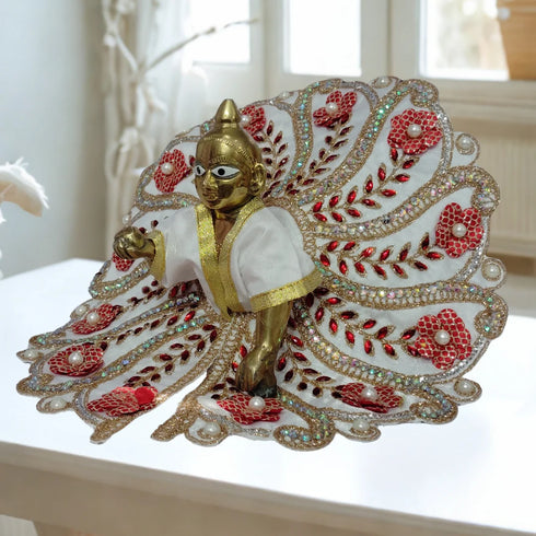 Laddu Gopal Fancy Designer Poshak – White and Red Floral Peacock Style Dress with Pearl and Stone Work Size-6
