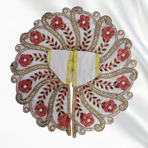 Laddu Gopal Fancy Designer Poshak – White and Red Floral Peacock Style Dress with Pearl and Stone Work Size-6