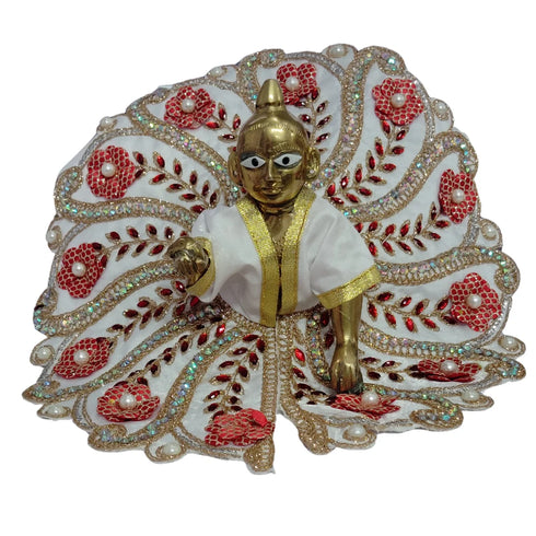 Laddu Gopal Fancy Designer Poshak – White and Red Floral Peacock Style Dress with Pearl and Stone Work Size-6