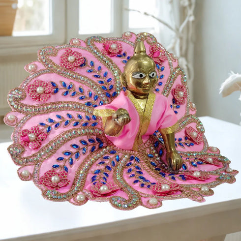 Laddu Gopal Fancy Designer Dress– Baby Pink Floral Peacock Style Dress with Blue Stone and Pearl Work Size-6