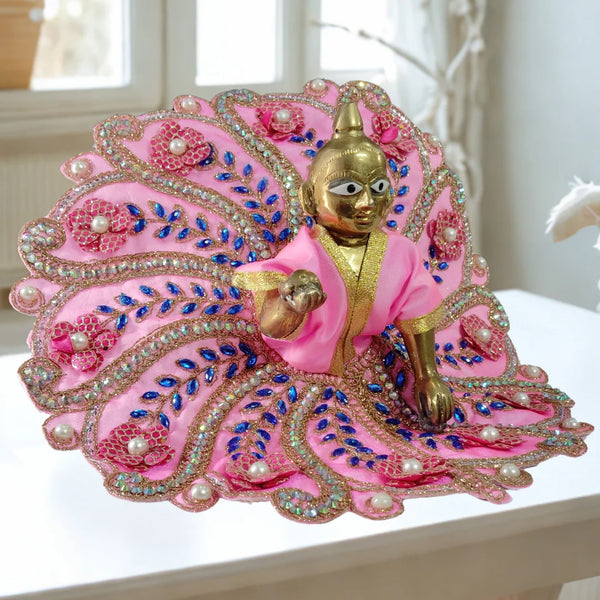Laddu Gopal Fancy Designer Dress– Baby Pink Floral Peacock Style Dress with Blue Stone and Pearl Work Size-6