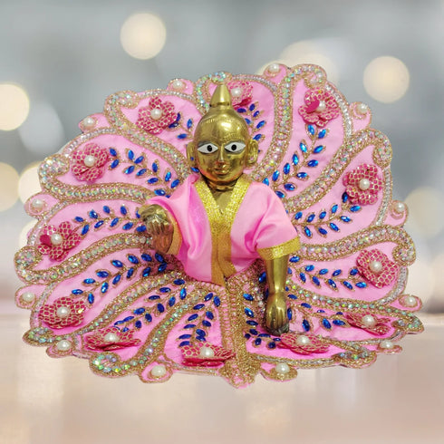 Laddu Gopal Fancy Designer Dress– Baby Pink Floral Peacock Style Dress with Blue Stone and Pearl Work Size-6