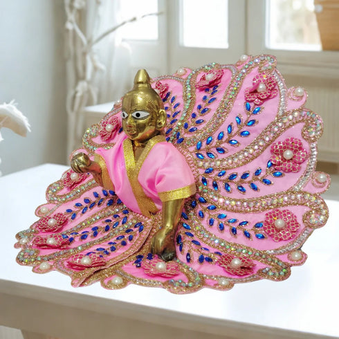 Laddu Gopal Fancy Designer Dress– Baby Pink Floral Peacock Style Dress with Blue Stone and Pearl Work Size-6
