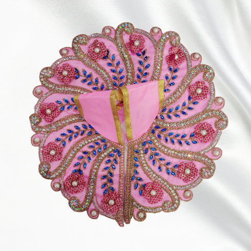 Laddu Gopal Fancy Designer Dress– Baby Pink Floral Peacock Style Dress with Blue Stone and Pearl Work Size-6