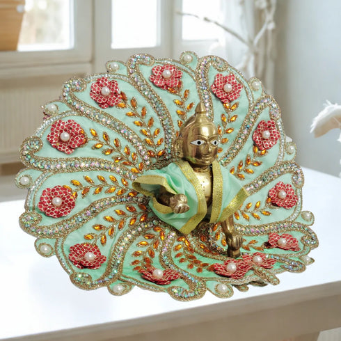 Laddu Gopal Fancy Designer Poshak – Mint Green Floral Peacock Style Dress with Red Flower and Pearl Work Size-6