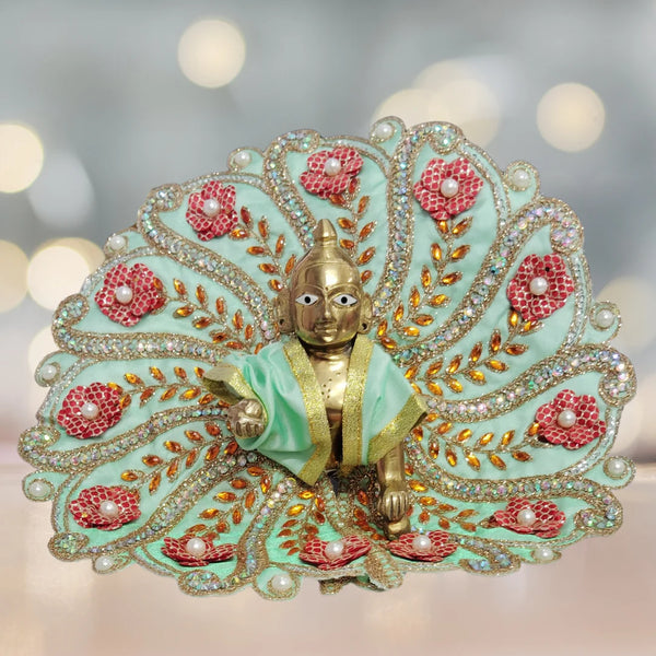 Laddu Gopal Fancy Designer Poshak – Mint Green Floral Peacock Style Dress with Red Flower and Pearl Work Size-6