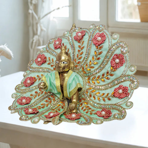 Laddu Gopal Fancy Designer Poshak – Mint Green Floral Peacock Style Dress with Red Flower and Pearl Work Size-6