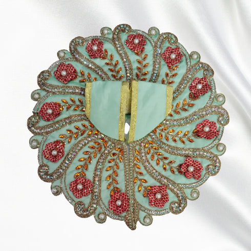 Laddu Gopal Fancy Designer Poshak – Mint Green Floral Peacock Style Dress with Red Flower and Pearl Work Size-6