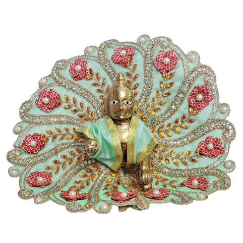 Laddu Gopal Fancy Designer Poshak – Mint Green Floral Peacock Style Dress with Red Flower and Pearl Work Size-6