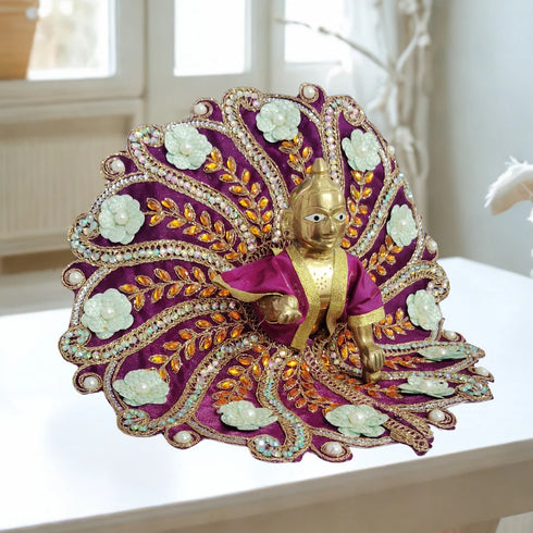 Laddu Gopal Fancy Designer Poshak – Purple Peacock Style Dress with White Flower and Golden Stone Work Size-6