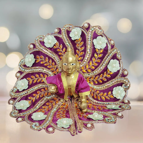 Laddu Gopal Fancy Designer Poshak – Purple Peacock Style Dress with White Flower and Golden Stone Work Size-6