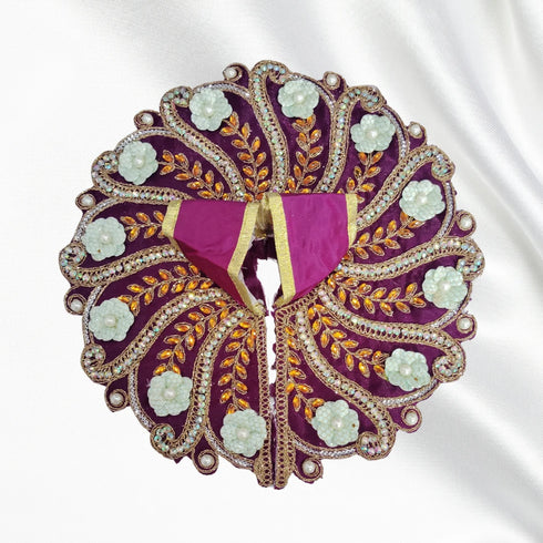 Laddu Gopal Fancy Designer Poshak – Purple Peacock Style Dress with White Flower and Golden Stone Work Size-6