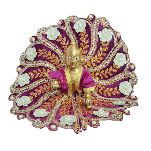 Laddu Gopal Fancy Designer Poshak – Purple Peacock Style Dress with White Flower and Golden Stone Work Size-6
