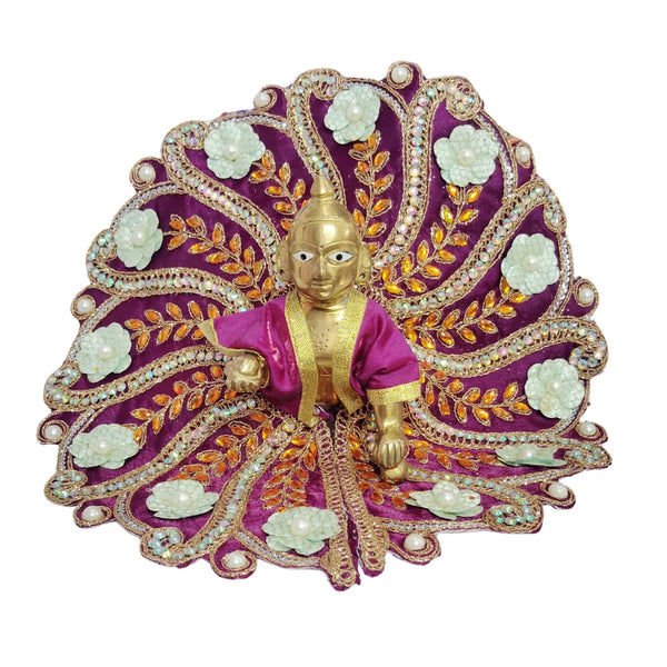 Laddu Gopal Fancy Designer Poshak – Purple Peacock Style Dress with White Flower and Golden Stone Work Size-6