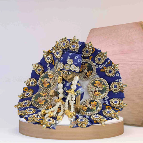 Elegant Blue-White Kanha outfit with pearl and stone work decorated turban and mala for Bal Gopal Ji Size-3