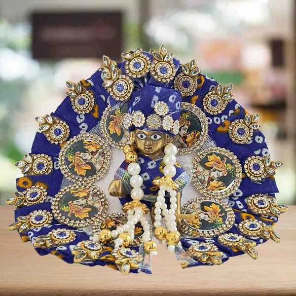 Elegant Blue-White Kanha outfit with pearl and stone work decorated turban and mala for Bal Gopal Ji Size-3