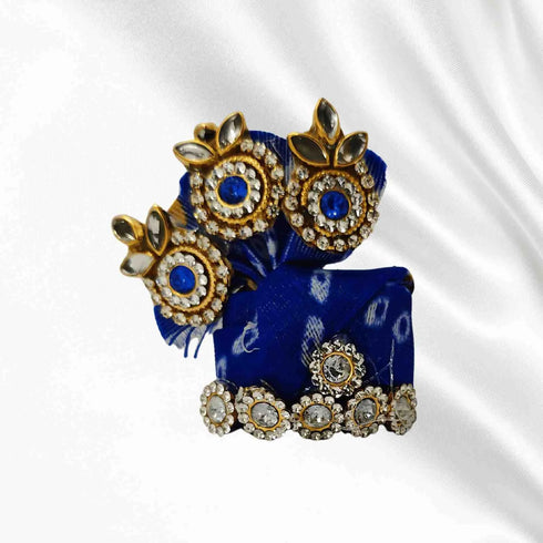 Elegant Blue-White Kanha outfit with pearl and stone work decorated turban and mala for Bal Gopal Ji Size-3