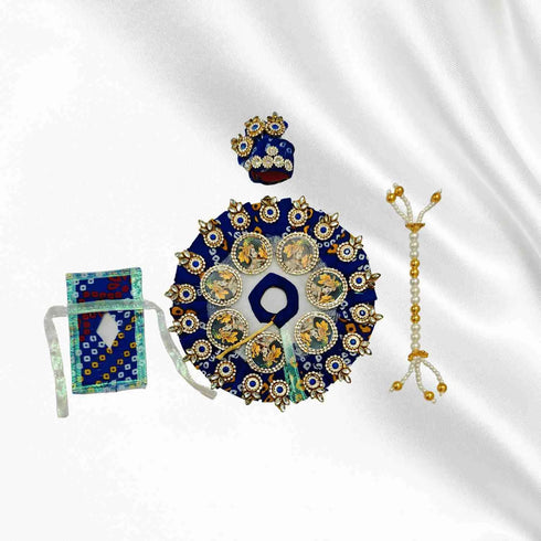 Elegant Blue-White Kanha outfit with pearl and stone work decorated turban and mala for Bal Gopal Ji Size-3