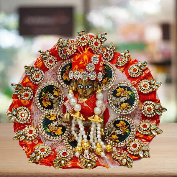 Elegant Orange Kanha outfit with pearl and stone work decorated turban and mala for Bal Gopal Ji Size-3