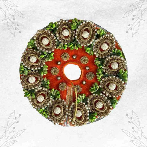 Majestic Orange & Green Heavy Dress with Moti Work for Laddu Gopal Ji Size-4