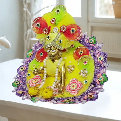 Elegant Laddu Gopal Dress with Matching Pagdi – Vibrant Yellow & Multicolor Design Size-4