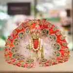 Elegant orange Kanha outfit with pearl and stone work decorated turban and mala for Bal Gopal Ji Size-4